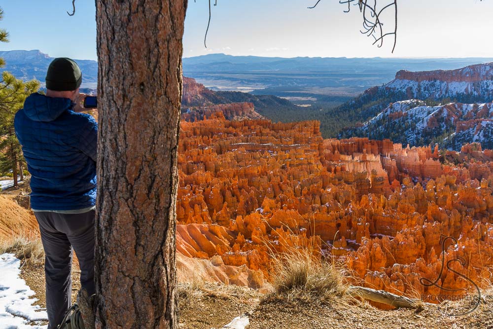 A fellow photographer braces himself against a tree for a steady shot of the Bryce Canyon landscape | LotsaSmiles Photography