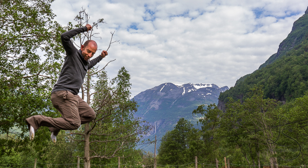 Aaron jumping from a trampoline at our campground in Norway | LotsaSmiles Photography