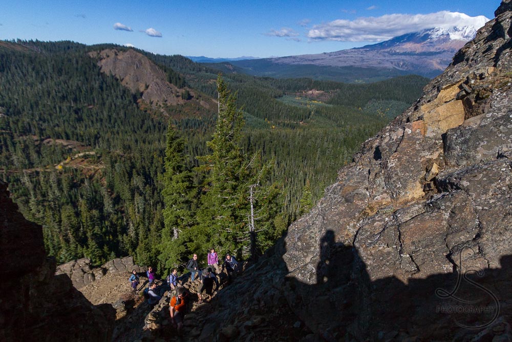 Our troop winding their way up the switchbacks, with Mount Adams peering around the cliff face | LotsaSmiles Photography